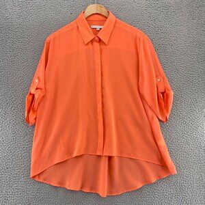 Amanda Uprichard Top Womens Small Coral Silk Roll Tab Sleeves Button Up Collar